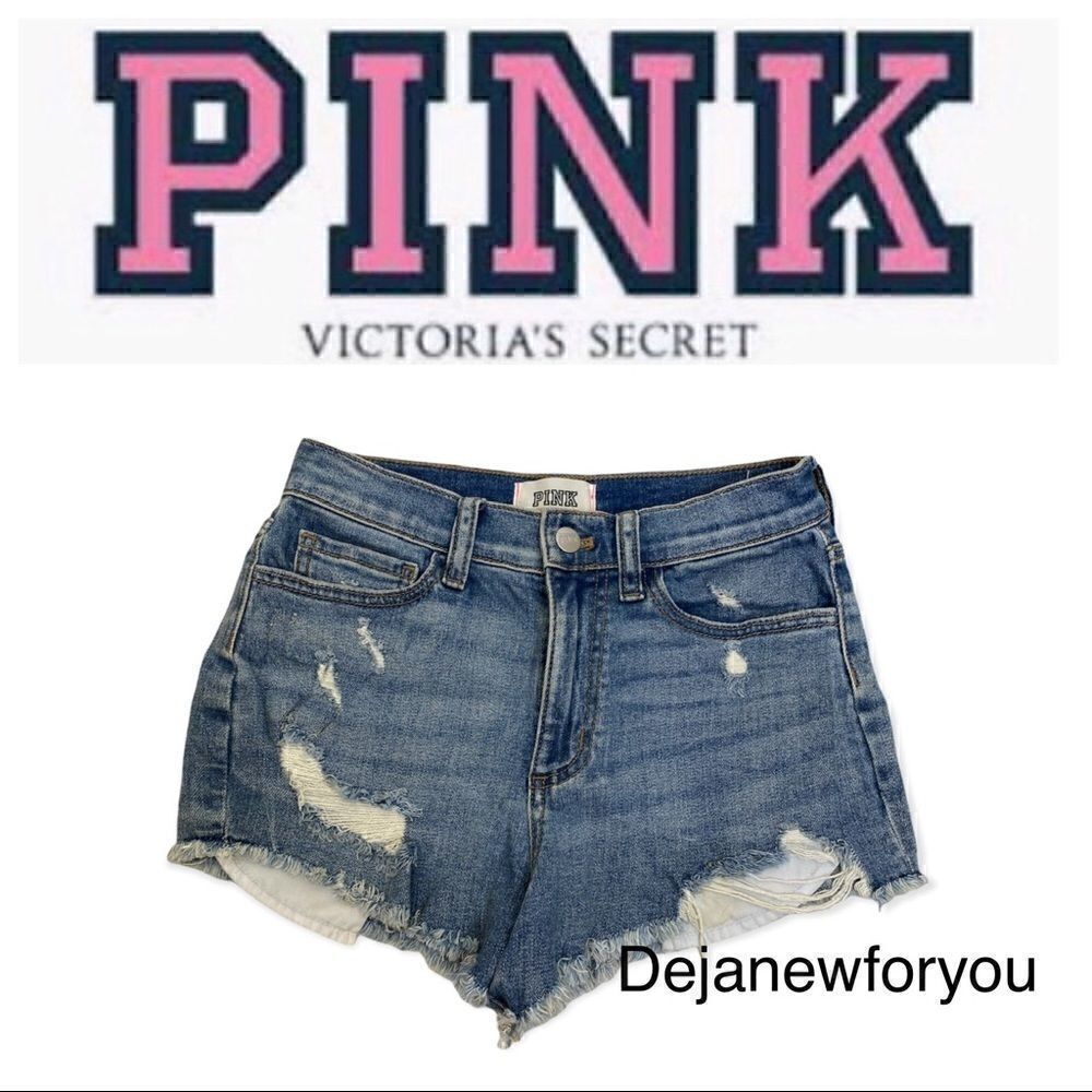 PINK Victoria's Secret High-Waist Denim Distressed Shorts